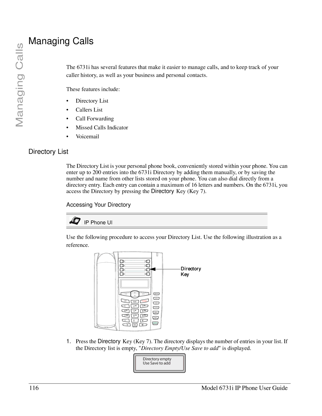 Aastra Telecom 6731I manual Managing Calls, Directory List, Model 6731i IP Phone User Guide, Accessing Your Directory 