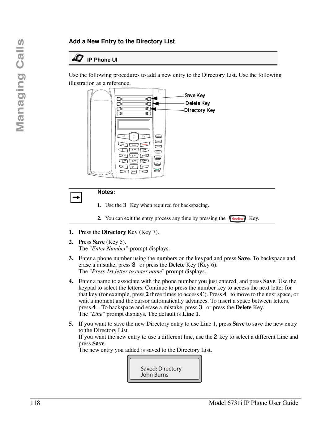 Aastra Telecom 6731I manual Model 6731i IP Phone User Guide, Add a New Entry to the Directory List 