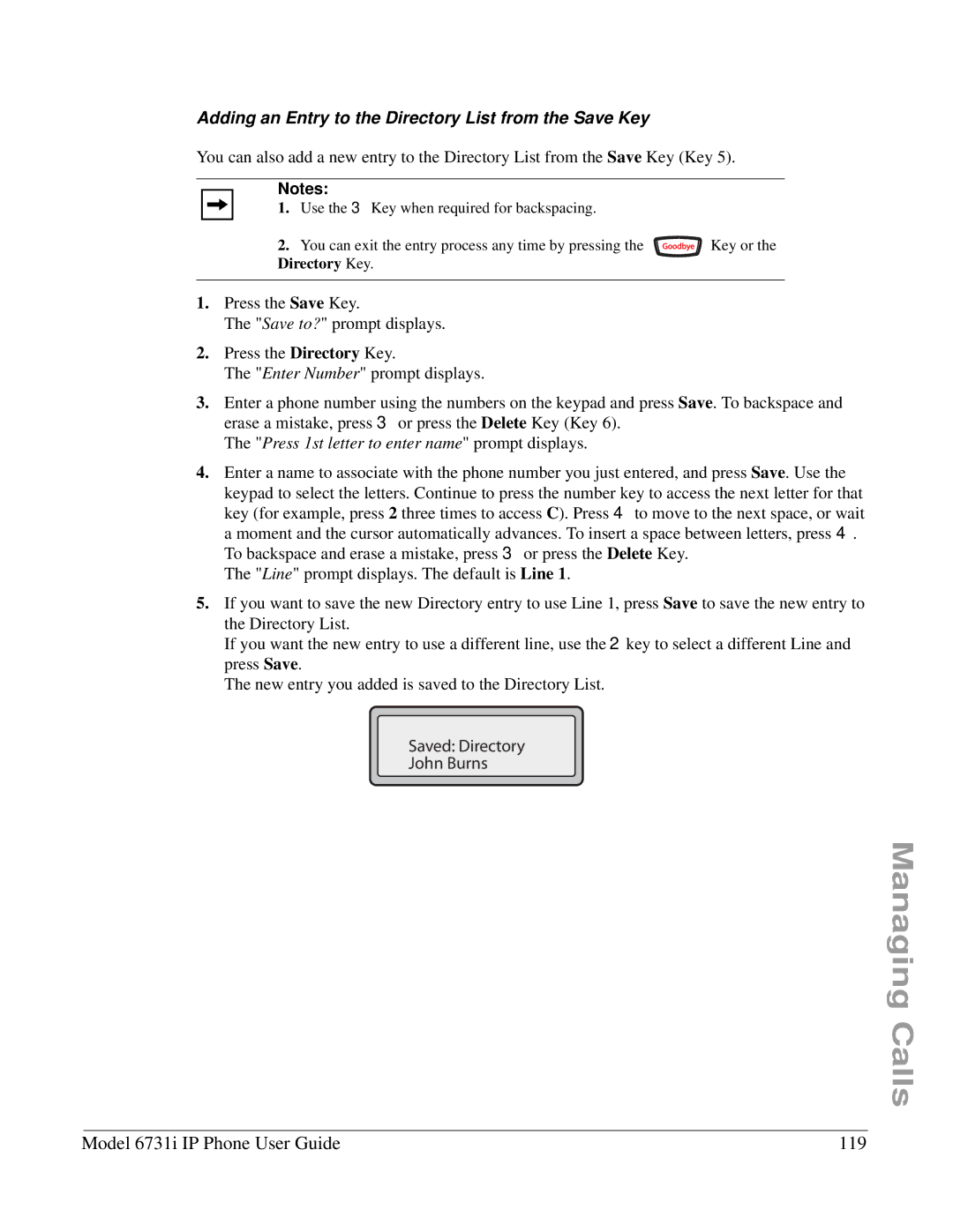 Aastra Telecom 6731I manual Model 6731i IP Phone User Guide 119, Adding an Entry to the Directory List from the Save Key 