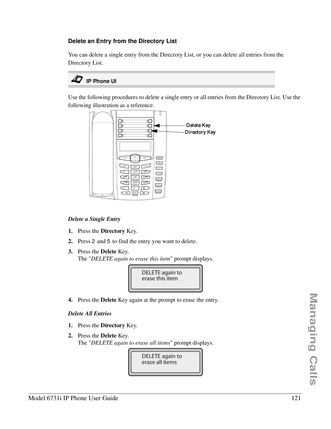 Aastra Telecom 6731I manual Model 6731i IP Phone User Guide 121, Delete an Entry from the Directory List 