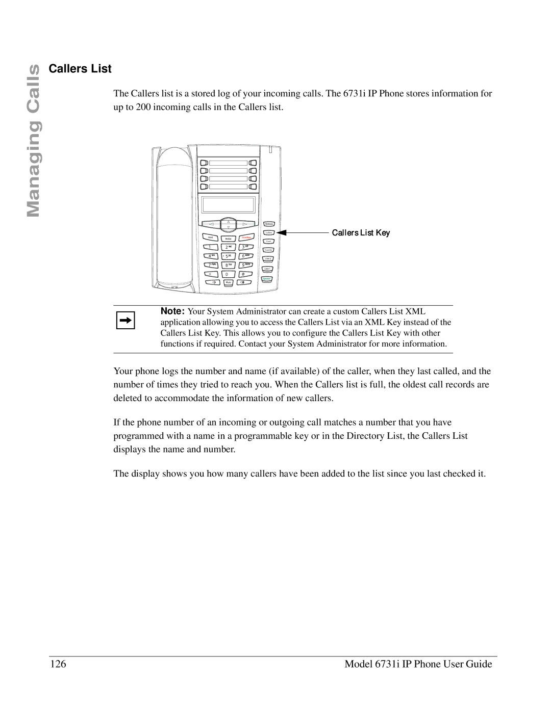 Aastra Telecom 6731I manual Callers List, Model 6731i IP Phone User Guide 