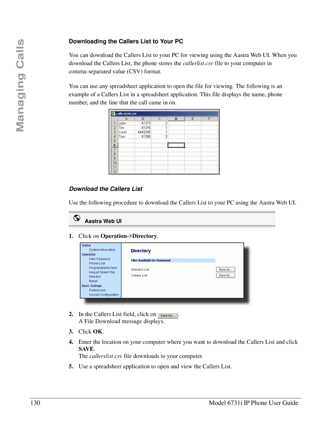 Aastra Telecom 6731I Model 6731i IP Phone User Guide, Downloading the Callers List to Your PC, Download the Callers List 