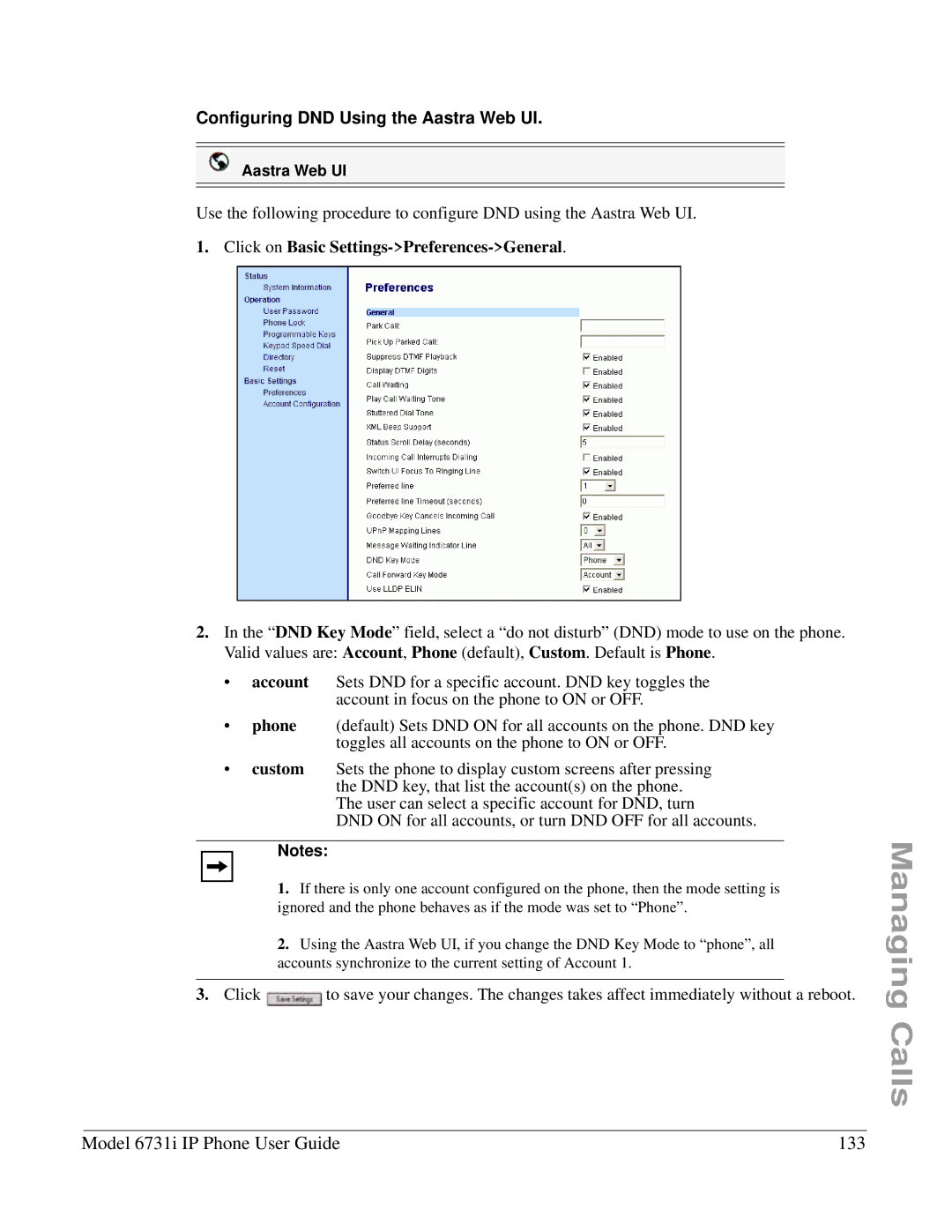 Aastra Telecom 6731I manual Model 6731i IP Phone User Guide 133, Configuring DND Using the Aastra Web UI 