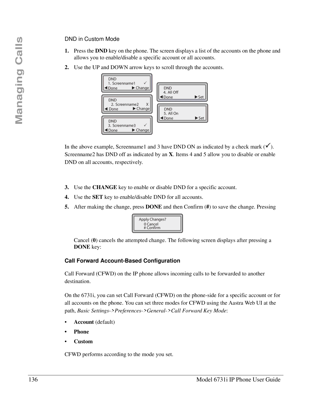 Aastra Telecom 6731I manual Model 6731i IP Phone User Guide, DND in Custom Mode, Call Forward Account-Based Configuration 