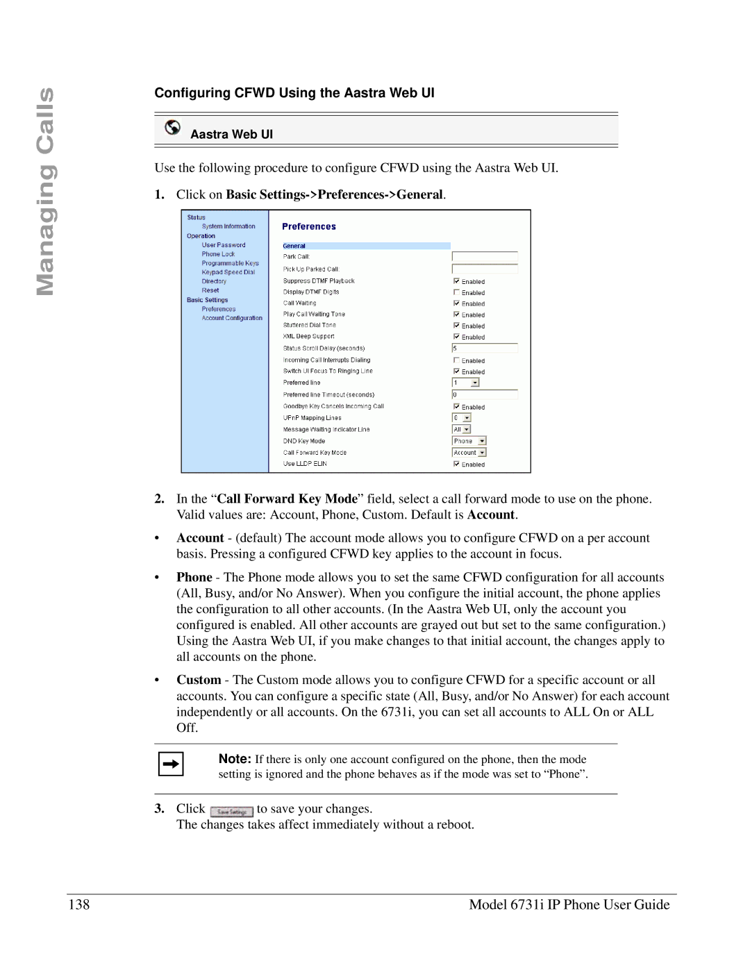 Aastra Telecom 6731I manual Model 6731i IP Phone User Guide, Configuring Cfwd Using the Aastra Web UI 