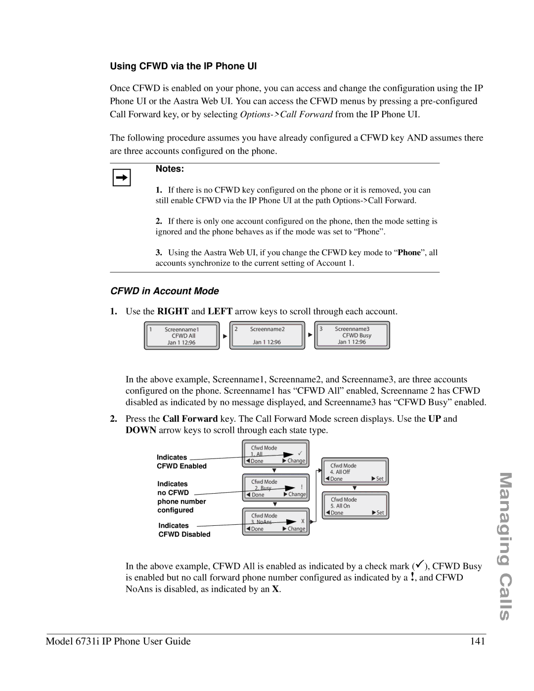 Aastra Telecom 6731I manual Model 6731i IP Phone User Guide 141, Using Cfwd via the IP Phone UI, Cfwd in Account Mode 