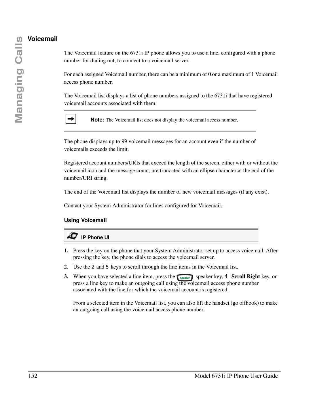 Aastra Telecom 6731I manual Model 6731i IP Phone User Guide, Using Voicemail 