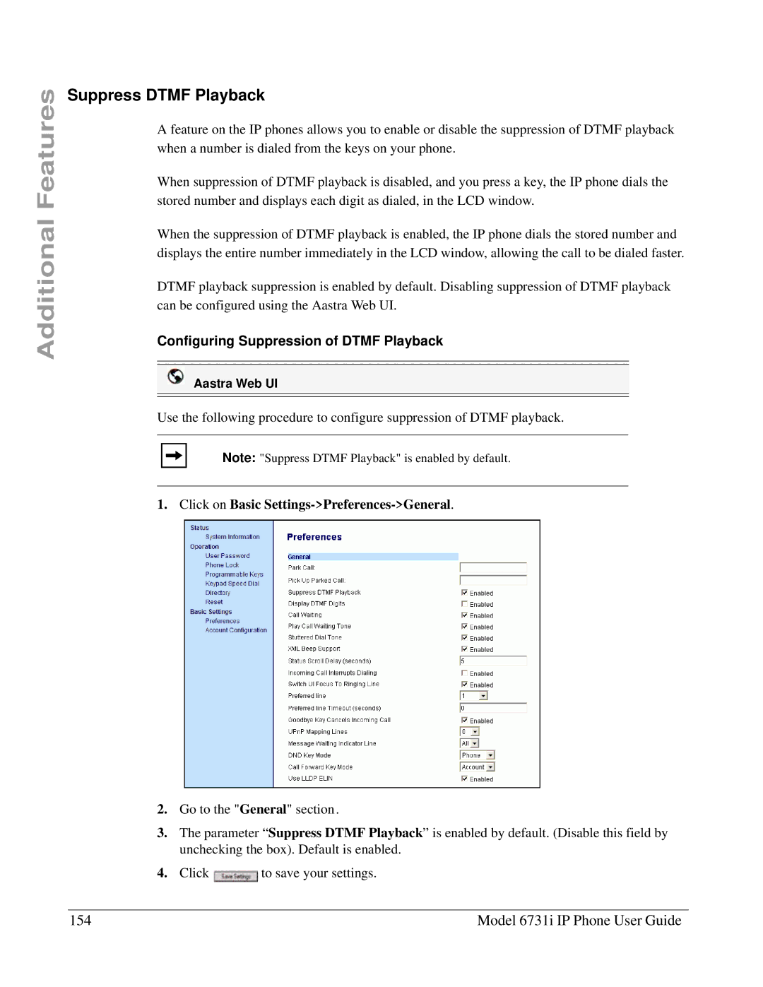 Aastra Telecom 6731I Suppress Dtmf Playback, Model 6731i IP Phone User Guide, Configuring Suppression of Dtmf Playback 