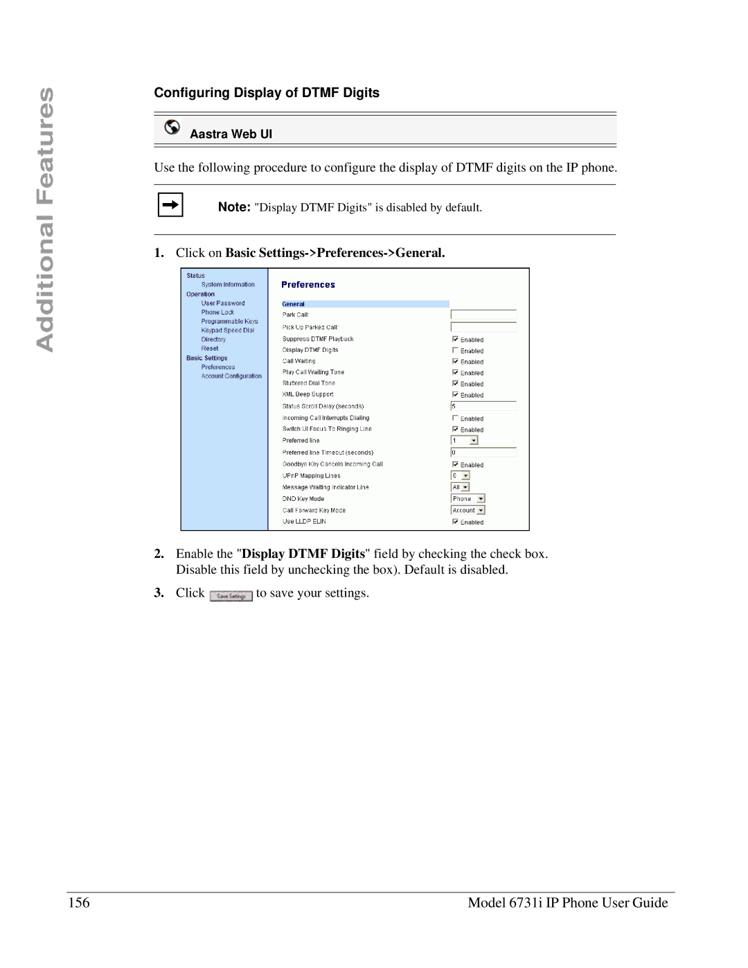 Aastra Telecom 6731I manual Model 6731i IP Phone User Guide, Configuring Display of Dtmf Digits 