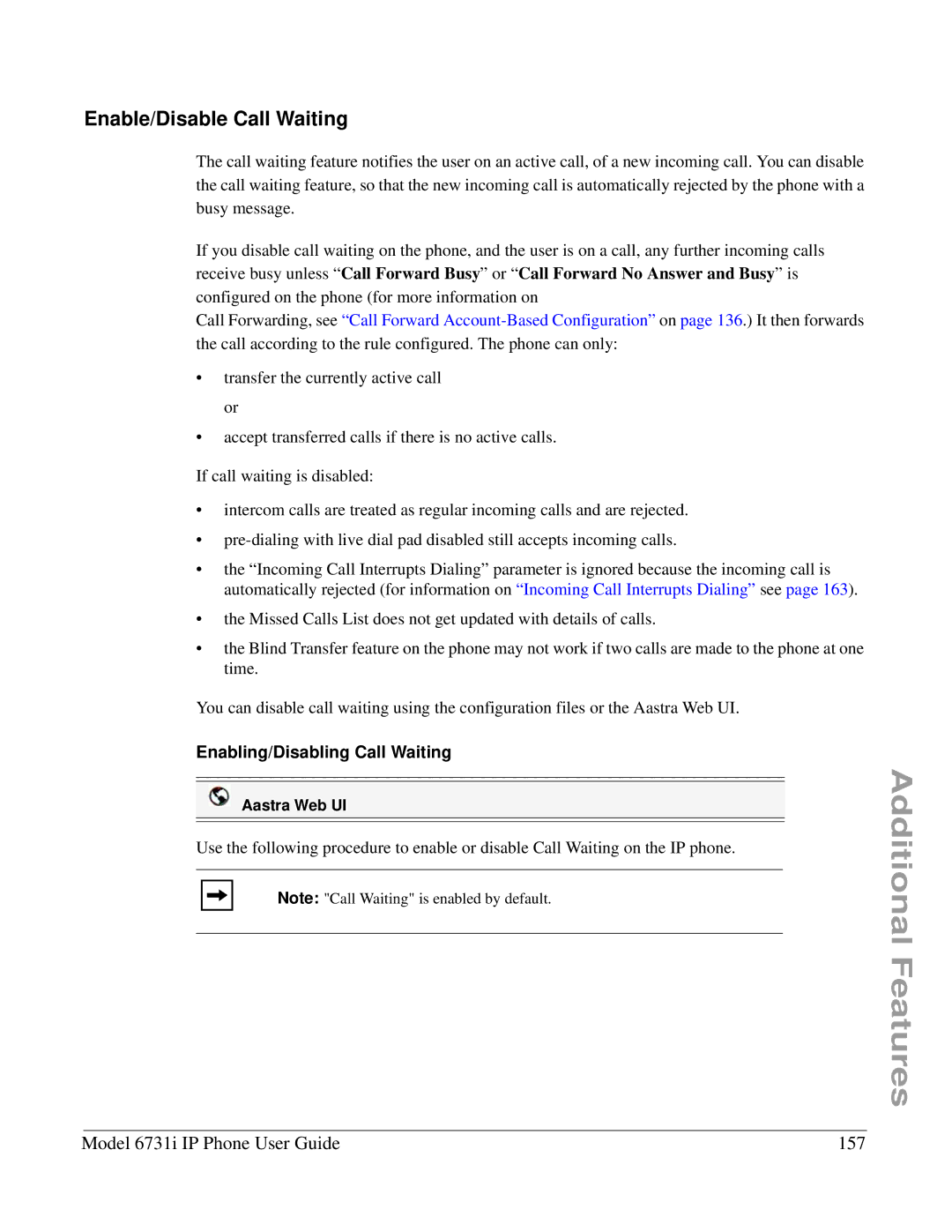 Aastra Telecom 6731I Enable/Disable Call Waiting, Model 6731i IP Phone User Guide 157, Enabling/Disabling Call Waiting 