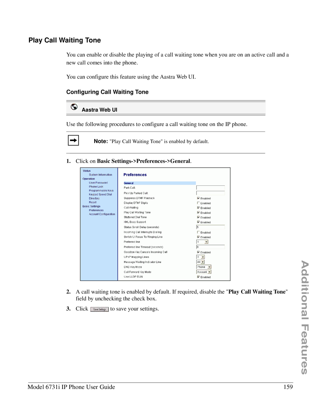 Aastra Telecom 6731I manual Play Call Waiting Tone, Model 6731i IP Phone User Guide 159, Configuring Call Waiting Tone 