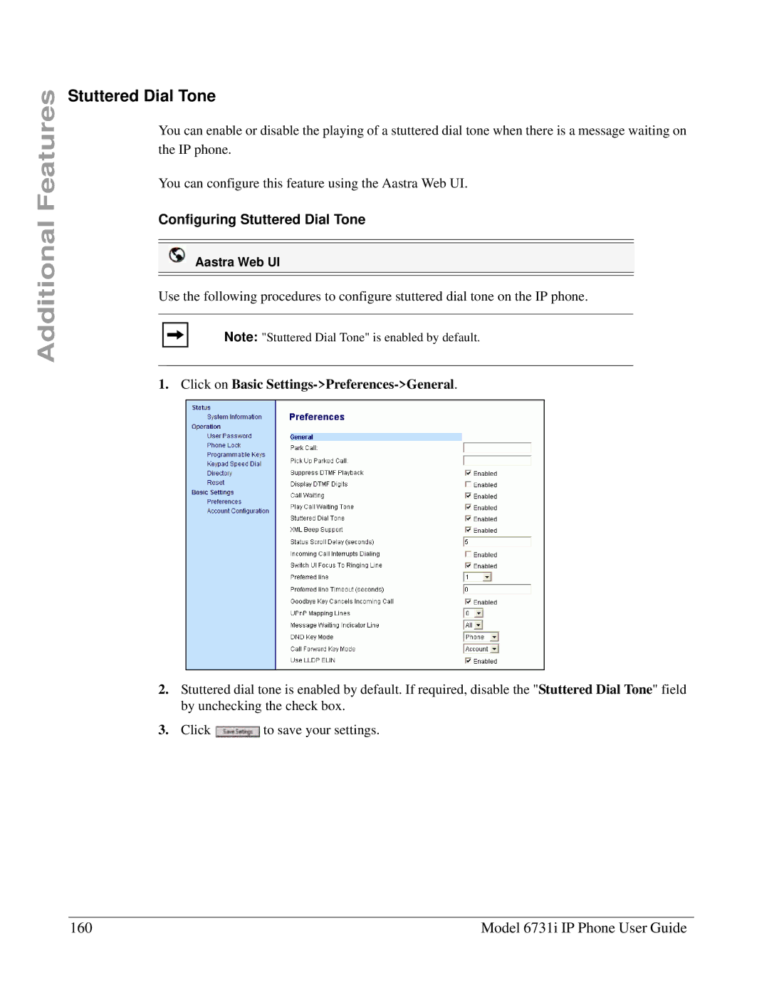 Aastra Telecom 6731I manual Model 6731i IP Phone User Guide, Configuring Stuttered Dial Tone 