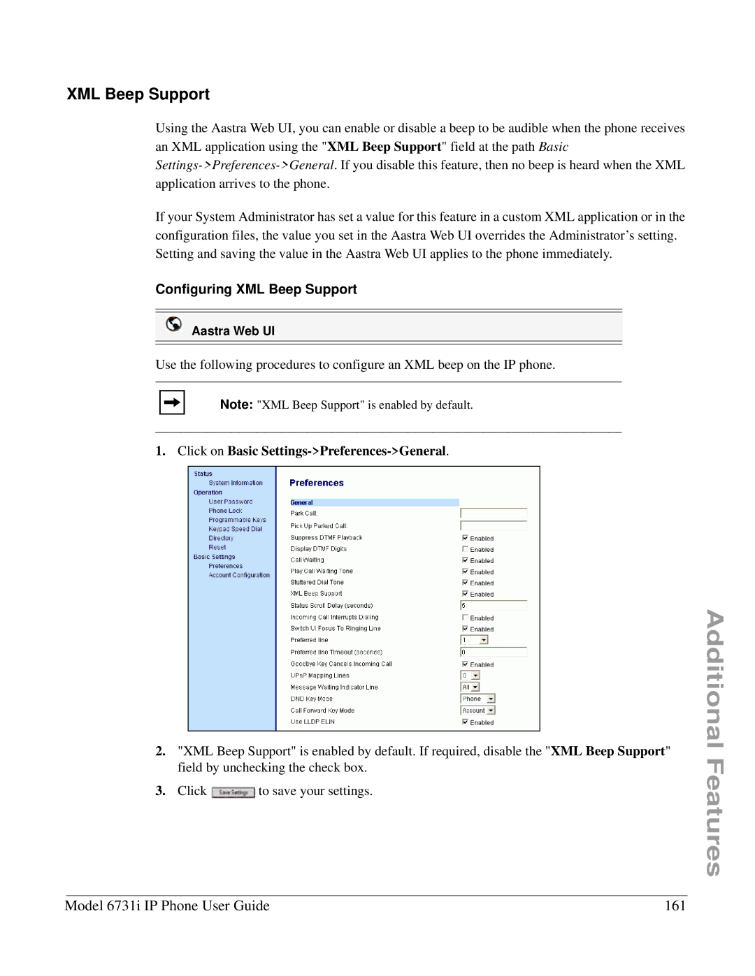 Aastra Telecom 6731I manual Model 6731i IP Phone User Guide 161, Configuring XML Beep Support 