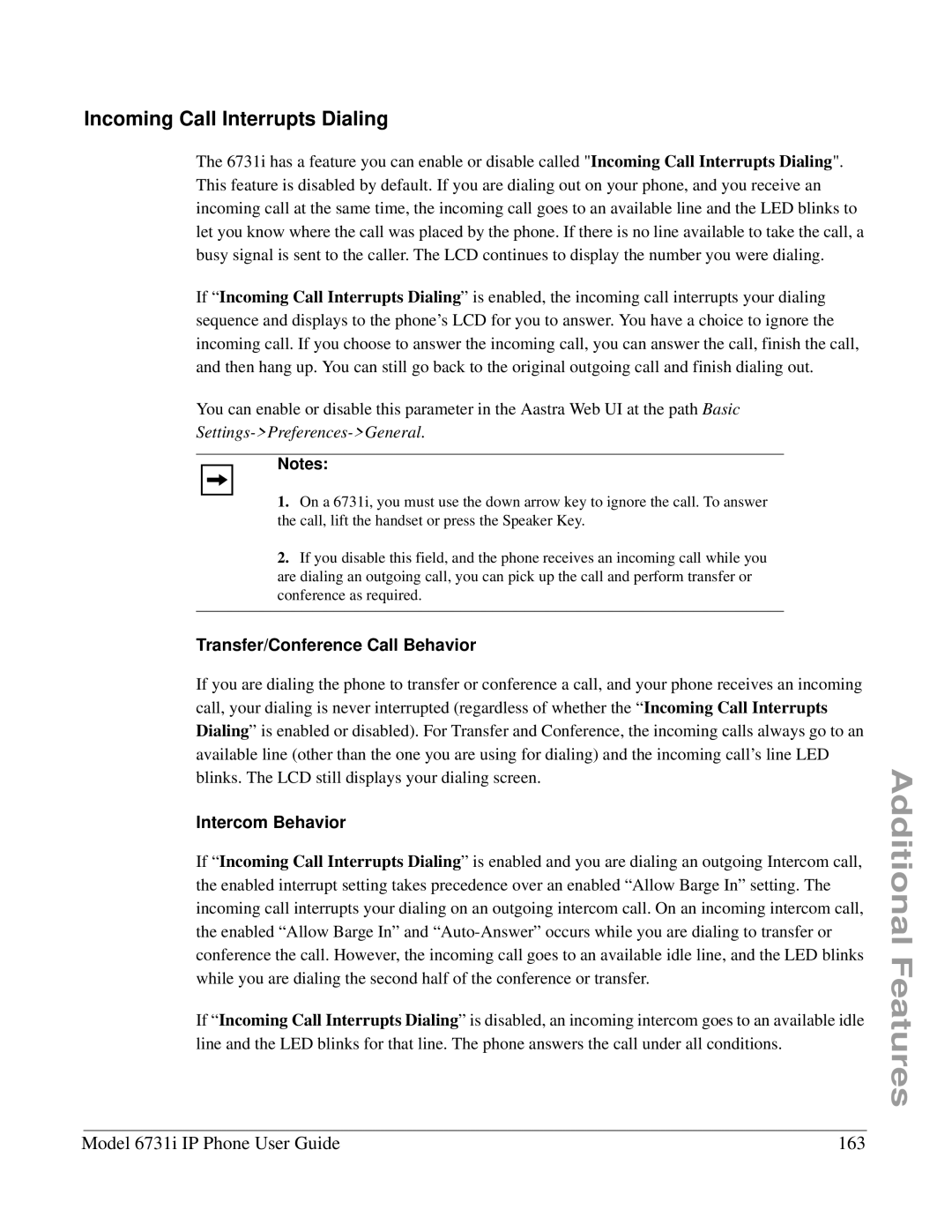 Aastra Telecom 6731I manual Incoming Call Interrupts Dialing, Model 6731i IP Phone User Guide 163, Intercom Behavior 