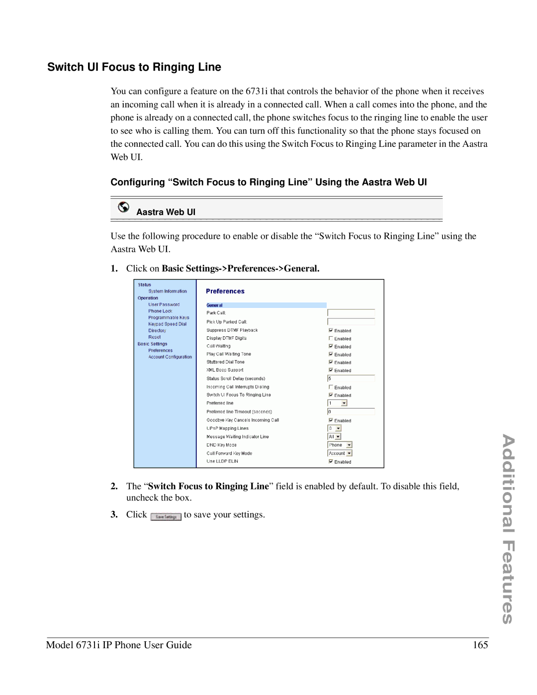 Aastra Telecom 6731I manual Switch UI Focus to Ringing Line, Model 6731i IP Phone User Guide 165 