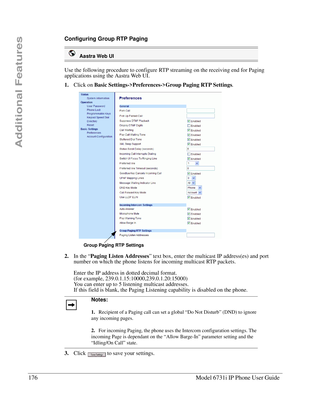 Aastra Telecom 6731I manual Model 6731i IP Phone User Guide, Configuring Group RTP Paging, Group Paging RTP Settings 