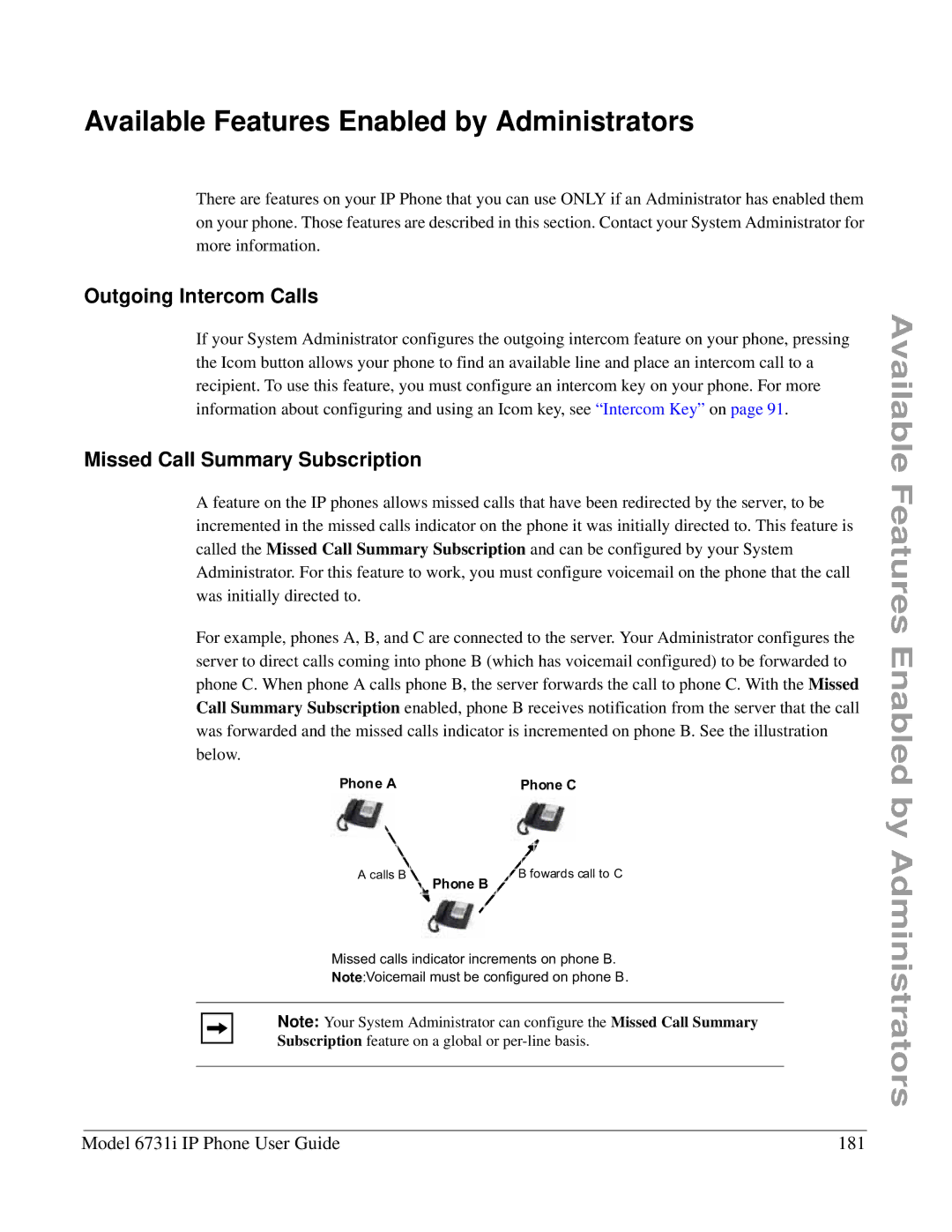 Aastra Telecom 6731I manual Available Features Enabled by Administrators, Outgoing Intercom Calls 