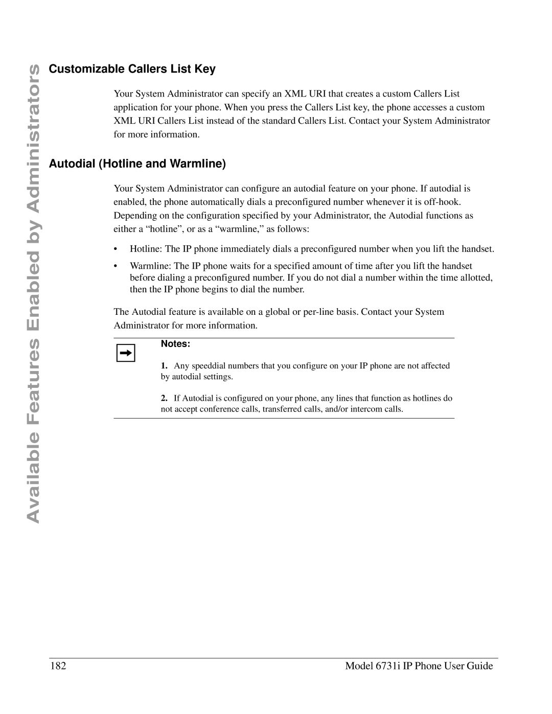 Aastra Telecom 6731I manual Customizable Callers List Key, Autodial Hotline and Warmline, Model 6731i IP Phone User Guide 