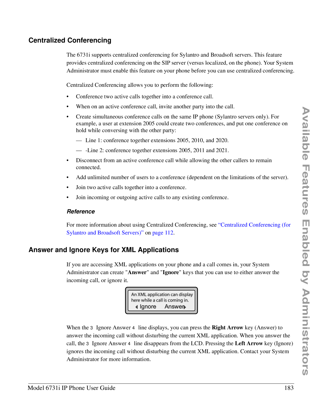 Aastra Telecom 6731I manual Centralized Conferencing, Answer and Ignore Keys for XML Applications 