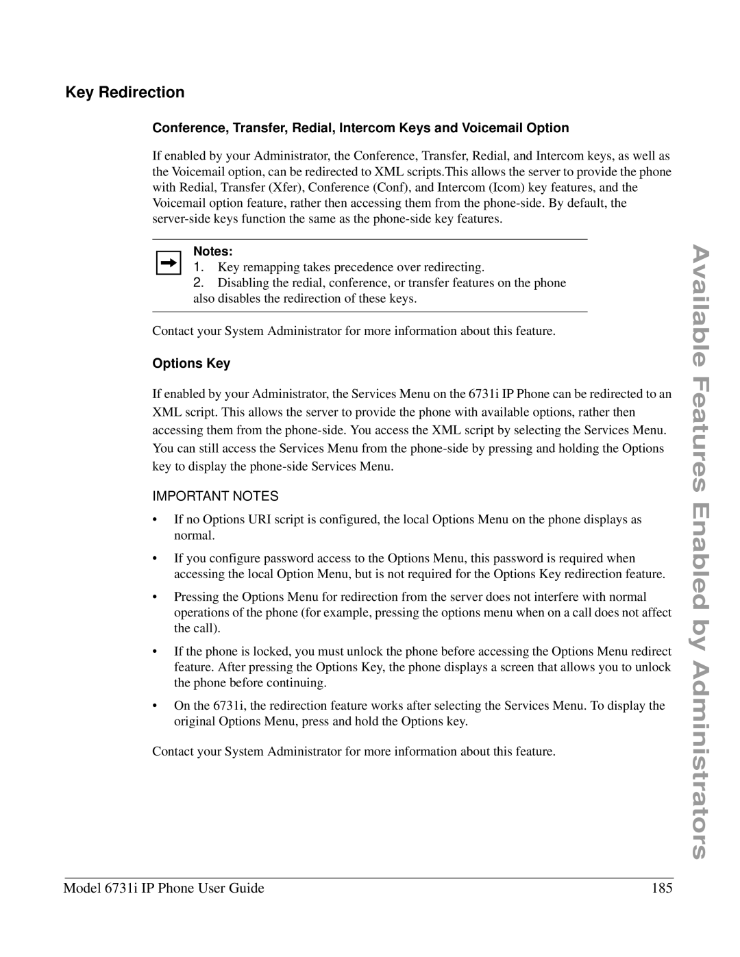 Aastra Telecom 6731I manual Key Redirection, Model 6731i IP Phone User Guide 185, Options Key 