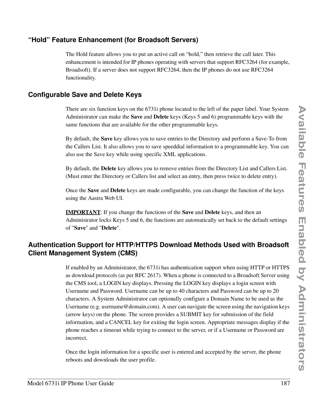 Aastra Telecom 6731I manual Hold Feature Enhancement for Broadsoft Servers, Configurable Save and Delete Keys 