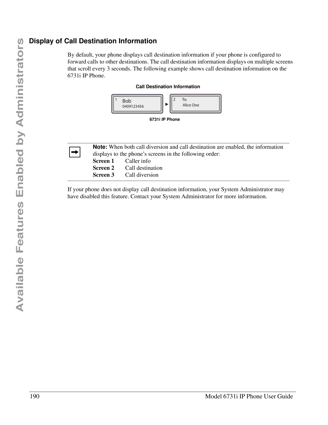 Aastra Telecom 6731I manual Display of Call Destination Information, Model 6731i IP Phone User Guide 