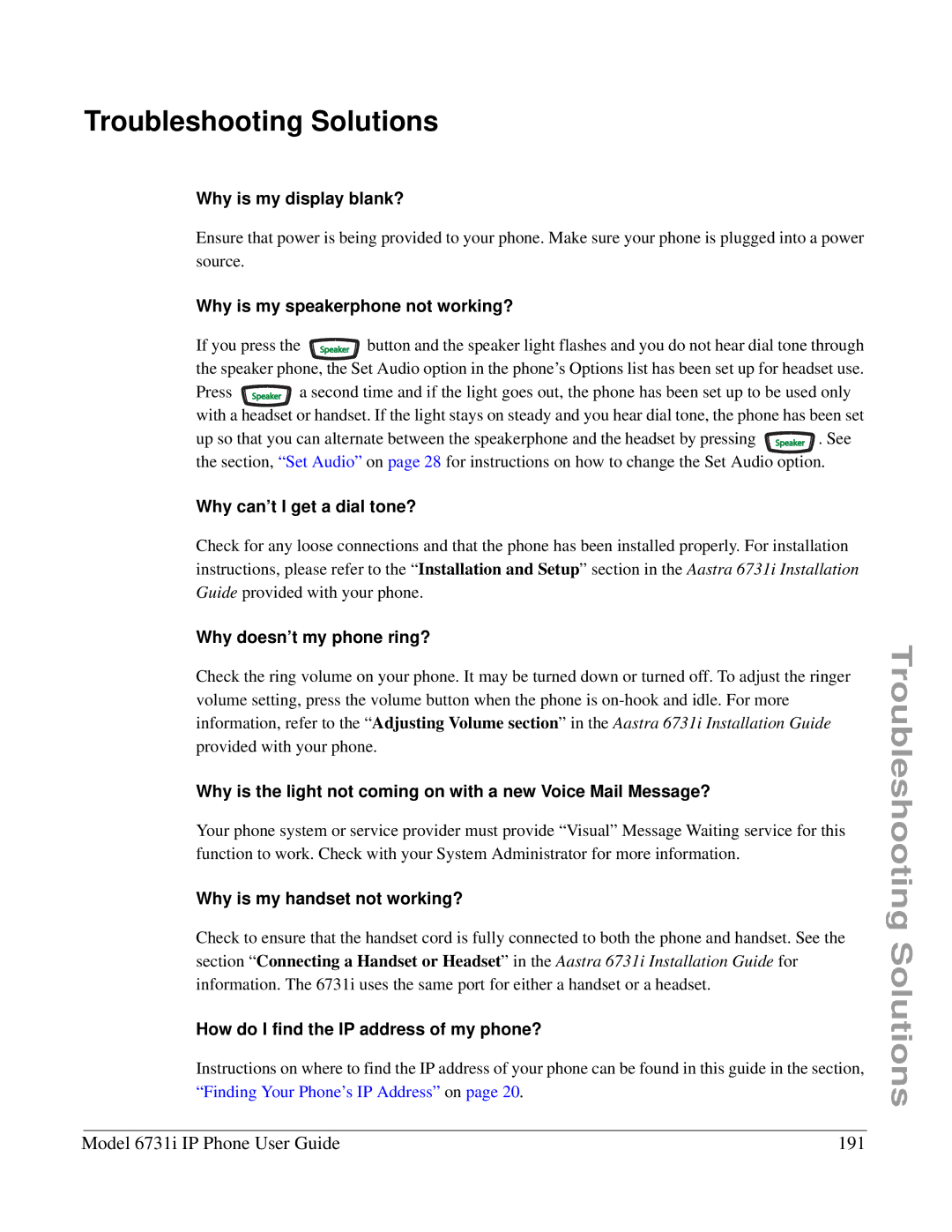 Aastra Telecom 6731I manual Troubleshooting Solutions, Model 6731i IP Phone User Guide 191 