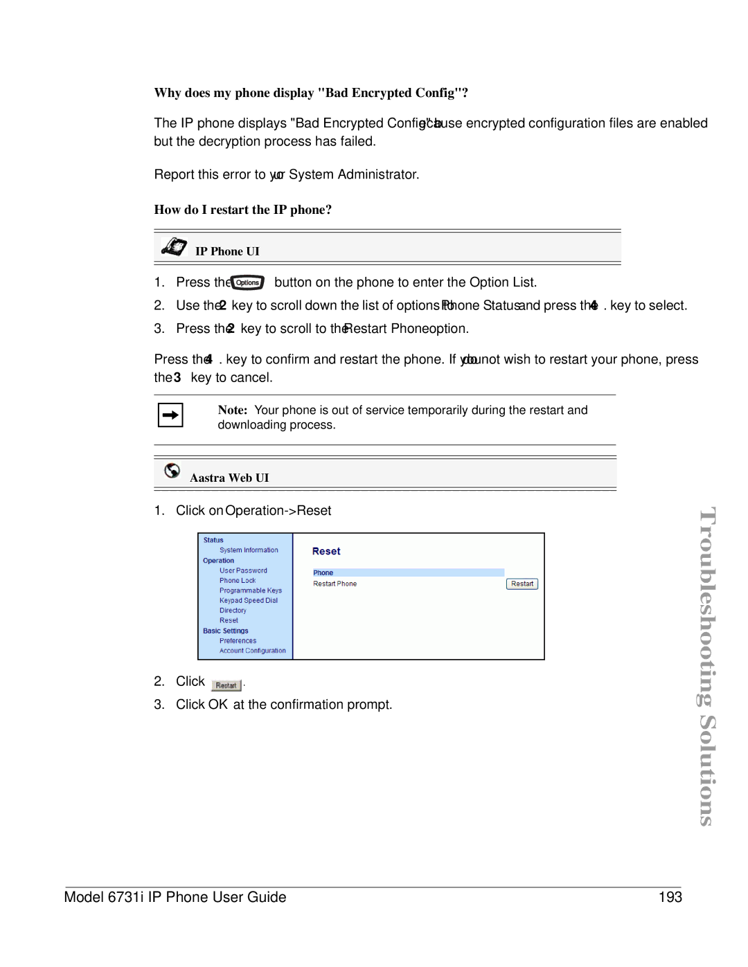 Aastra Telecom 6731I manual Model 6731i IP Phone User Guide 193, Why does my phone display Bad Encrypted Config? 