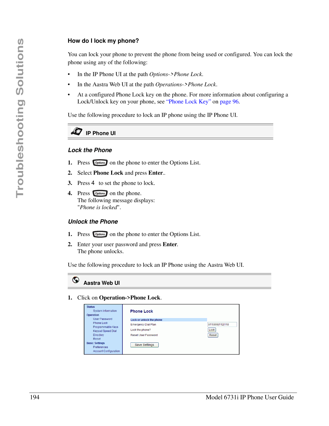 Aastra Telecom 6731I manual Model 6731i IP Phone User Guide, How do I lock my phone? 