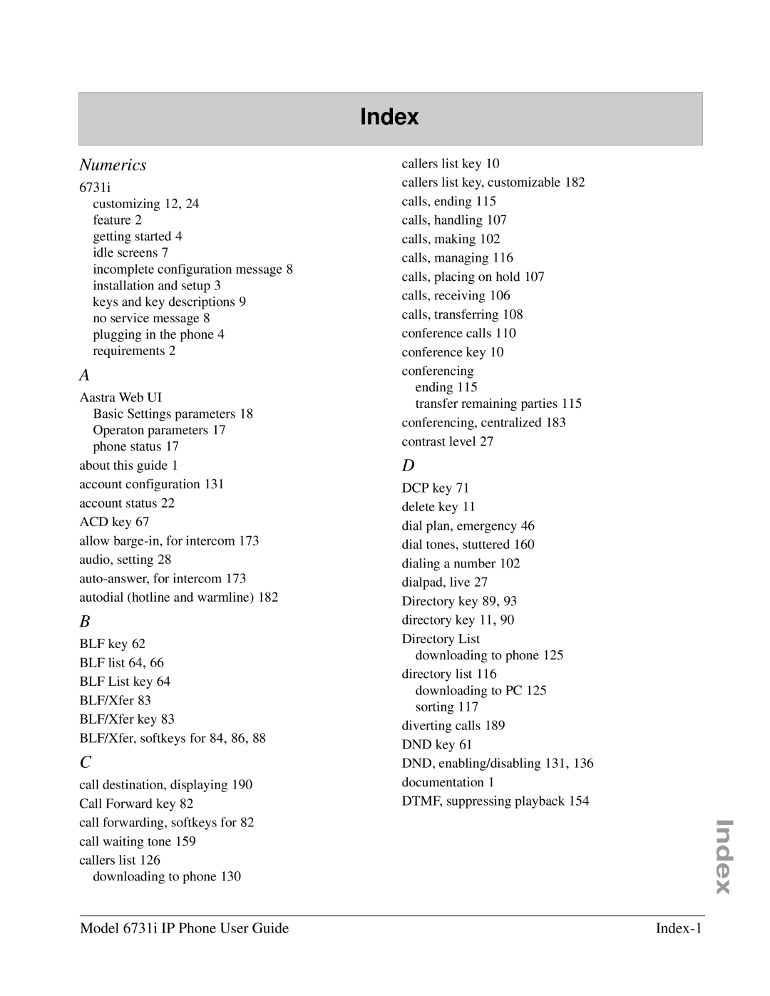 Aastra Telecom 6731I manual Model 6731i IP Phone User Guide Index-1 