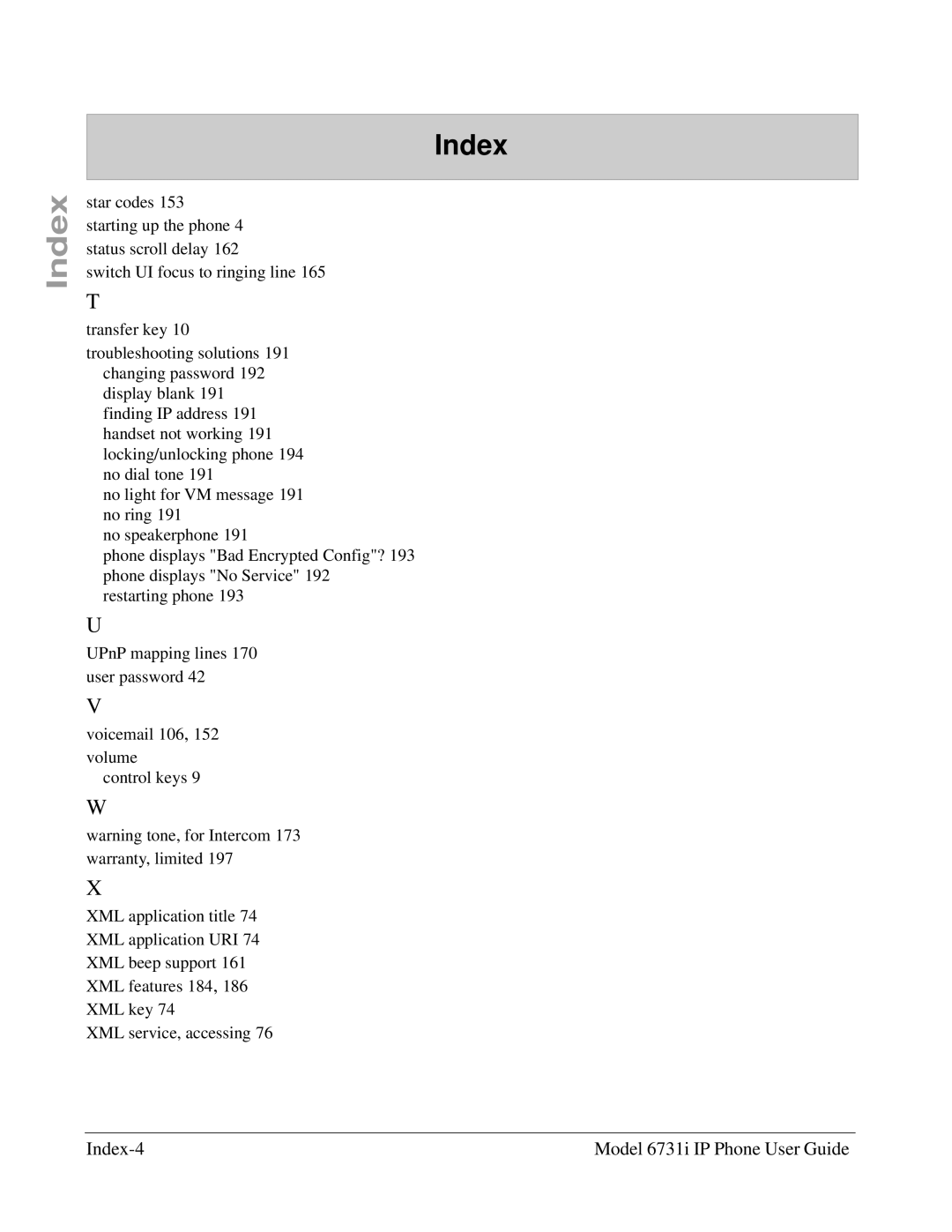 Aastra Telecom 6731I manual Index-4 Model 6731i IP Phone User Guide 