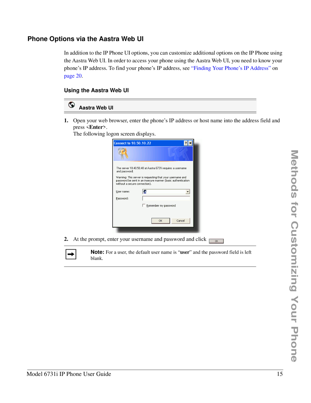 Aastra Telecom 6731I manual Phone Options via the Aastra Web UI, Using the Aastra Web UI 