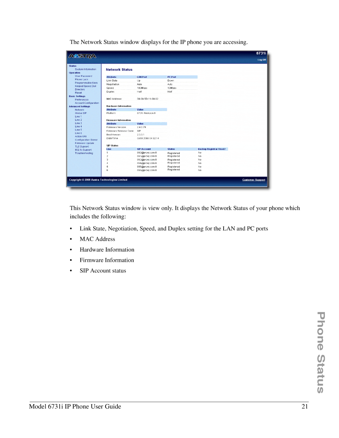 Aastra Telecom 6731I manual Phone Status 