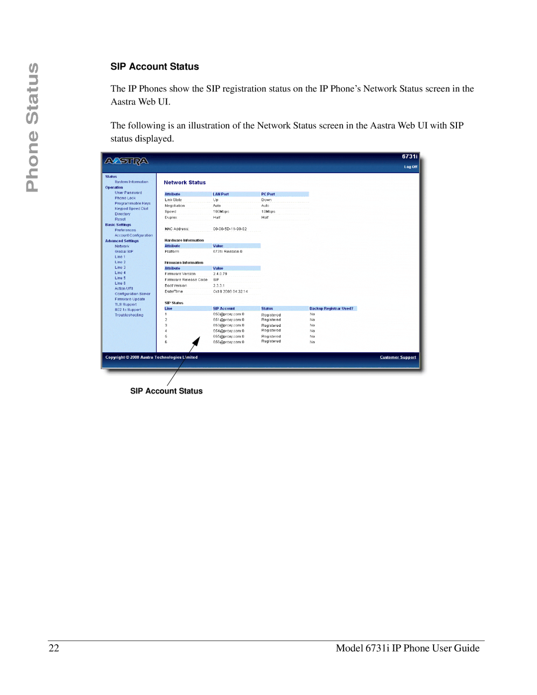 Aastra Telecom 6731I manual SIP Account Status 