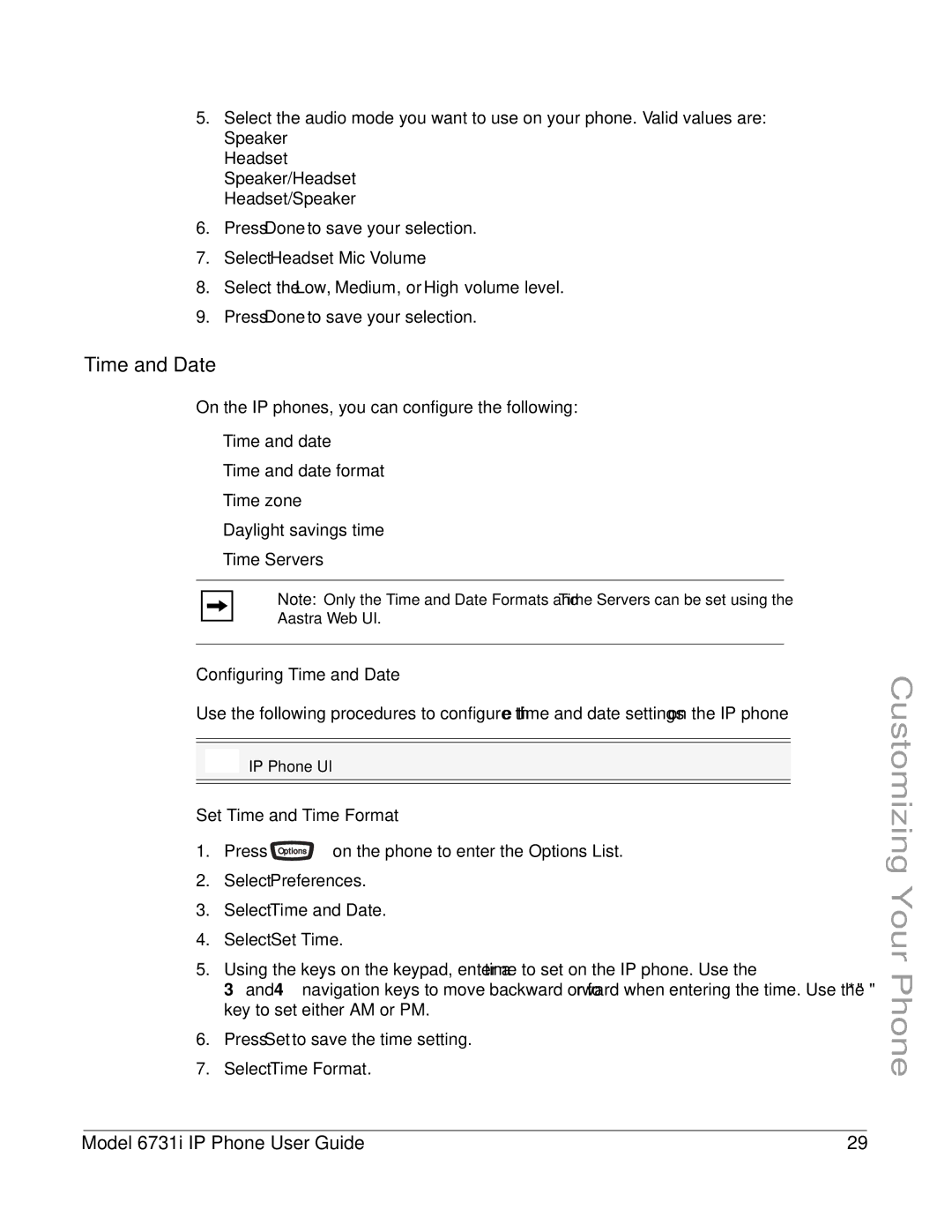 Aastra Telecom 6731I manual Configuring Time and Date, Set Time and Time Format 