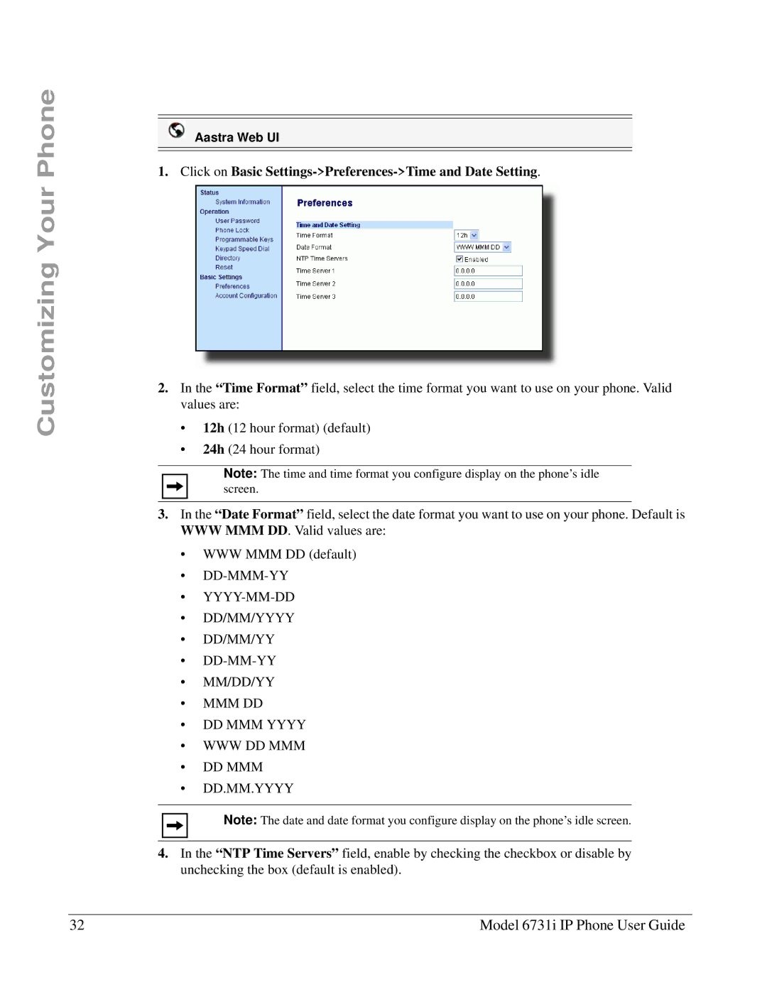 Aastra Telecom 6731I manual Click on Basic Settings-Preferences-Time and Date Setting 