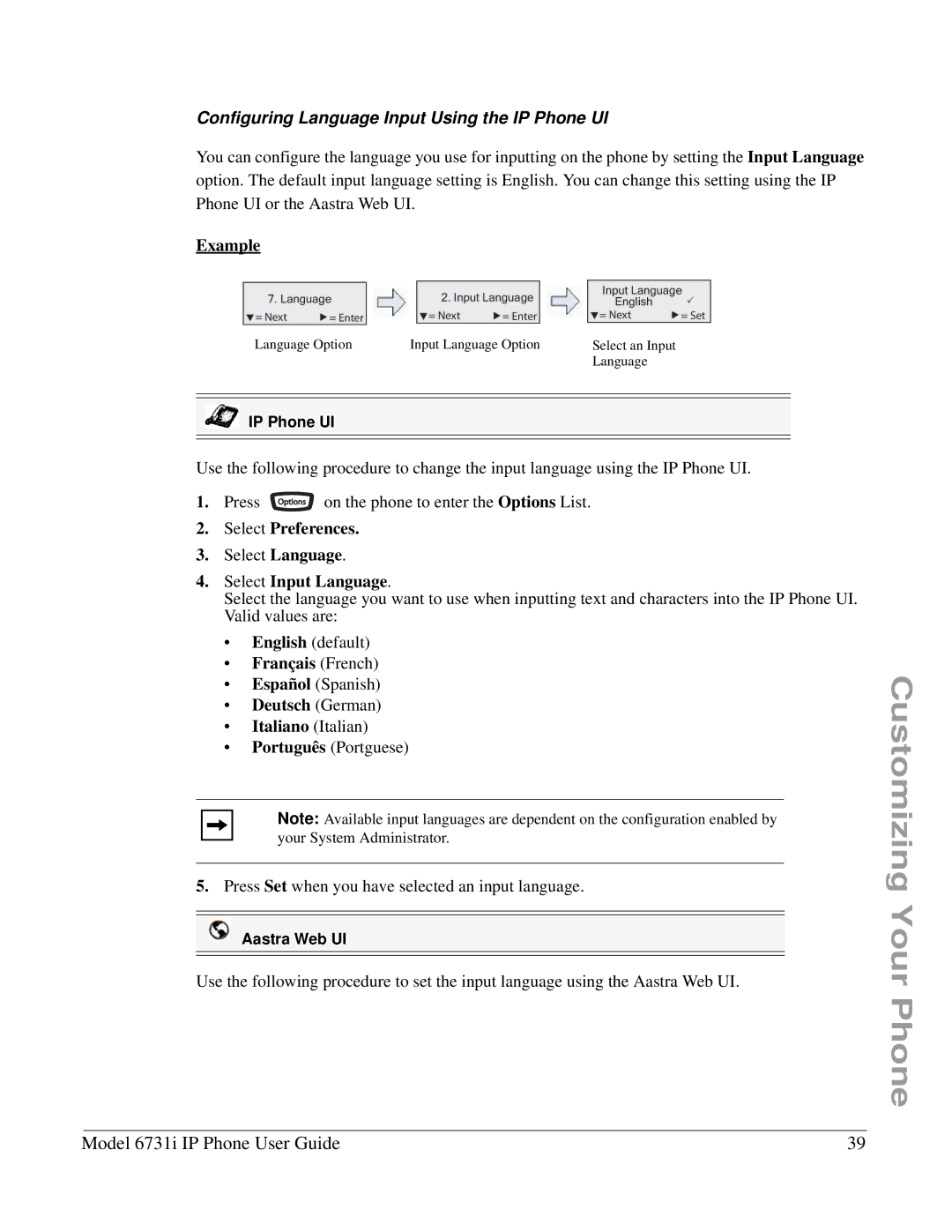 Aastra Telecom 6731I manual Configuring Language Input Using the IP Phone UI, Example, Select Input Language 