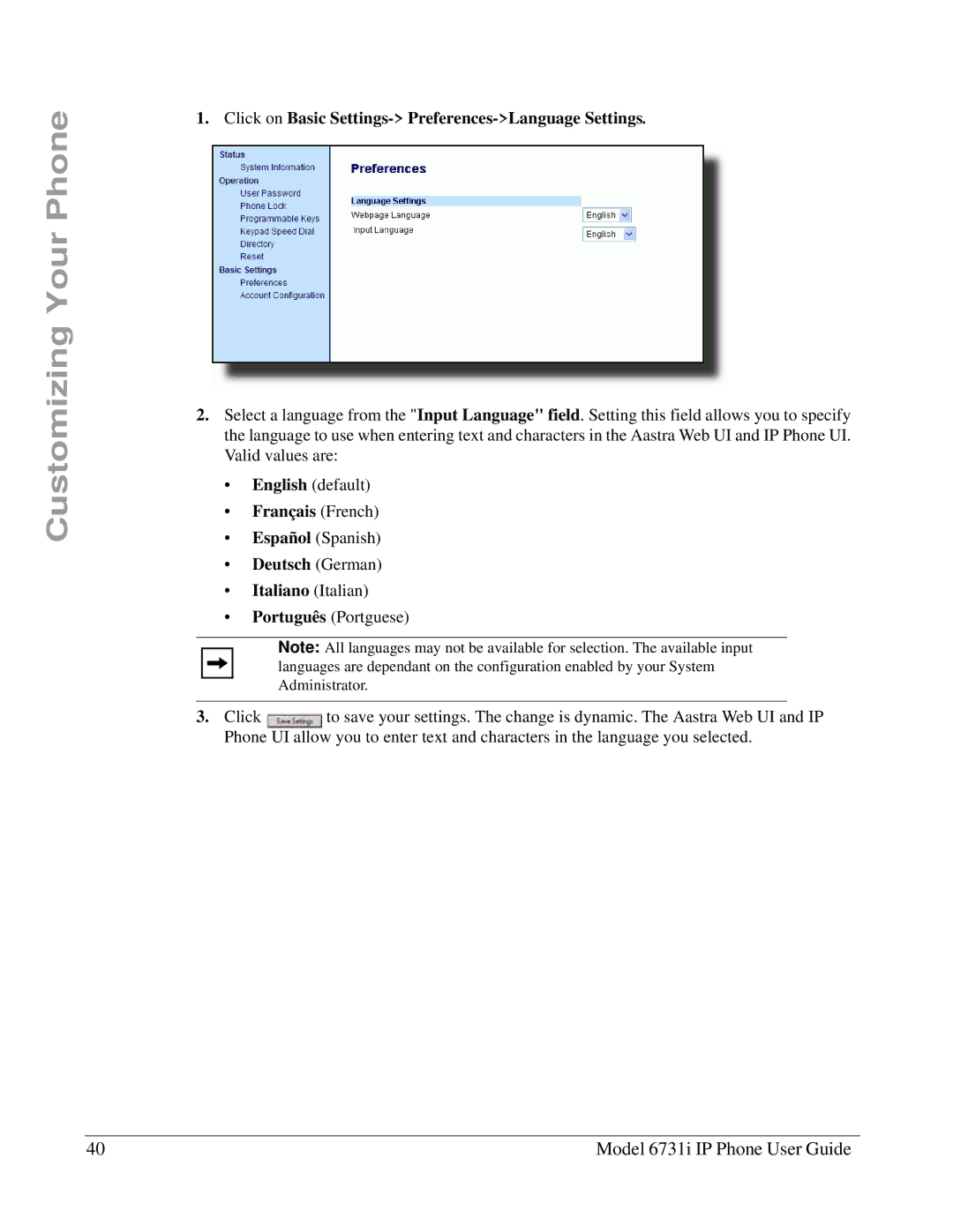 Aastra Telecom 6731I manual Click on Basic Settings- Preferences-Language Settings 