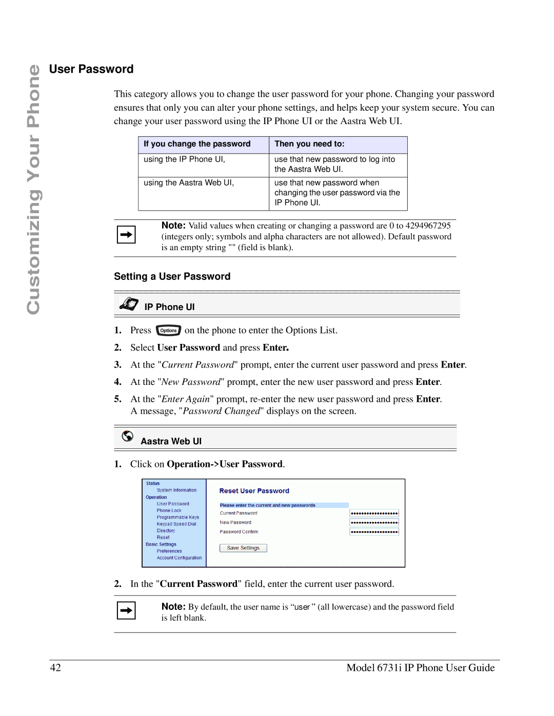 Aastra Telecom 6731I Setting a User Password, Select User Password and press Enter, Click on Operation-User Password 