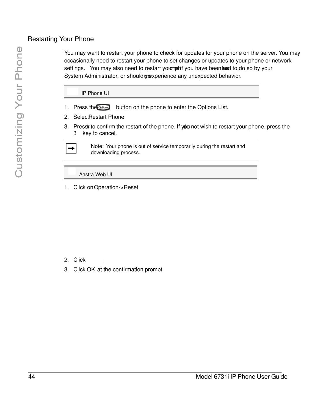 Aastra Telecom 6731I manual Restarting Your Phone, Select Restart Phone, Click on Operation-Reset 