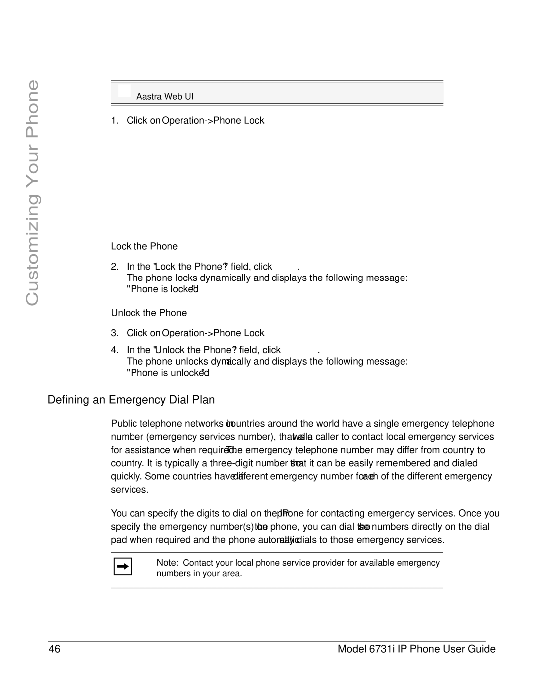 Aastra Telecom 6731I manual Defining an Emergency Dial Plan, Click on Operation-Phone Lock, Lock the Phone? field, click 