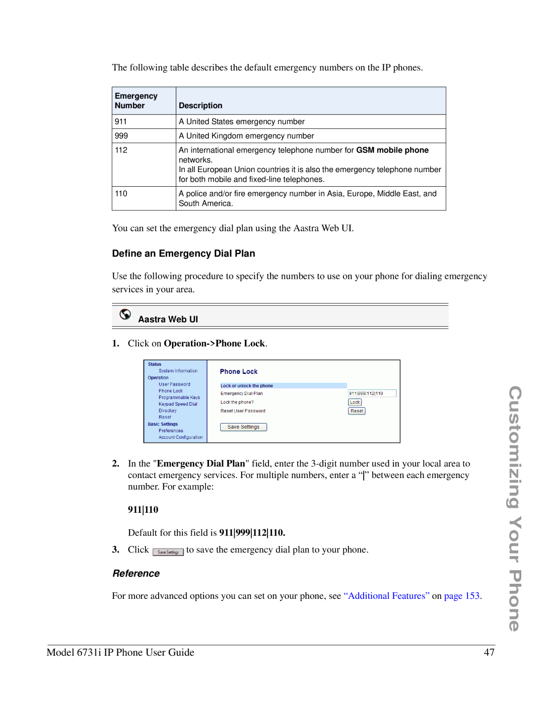 Aastra Telecom 6731I manual Define an Emergency Dial Plan, 911110, Emergency Number Description 