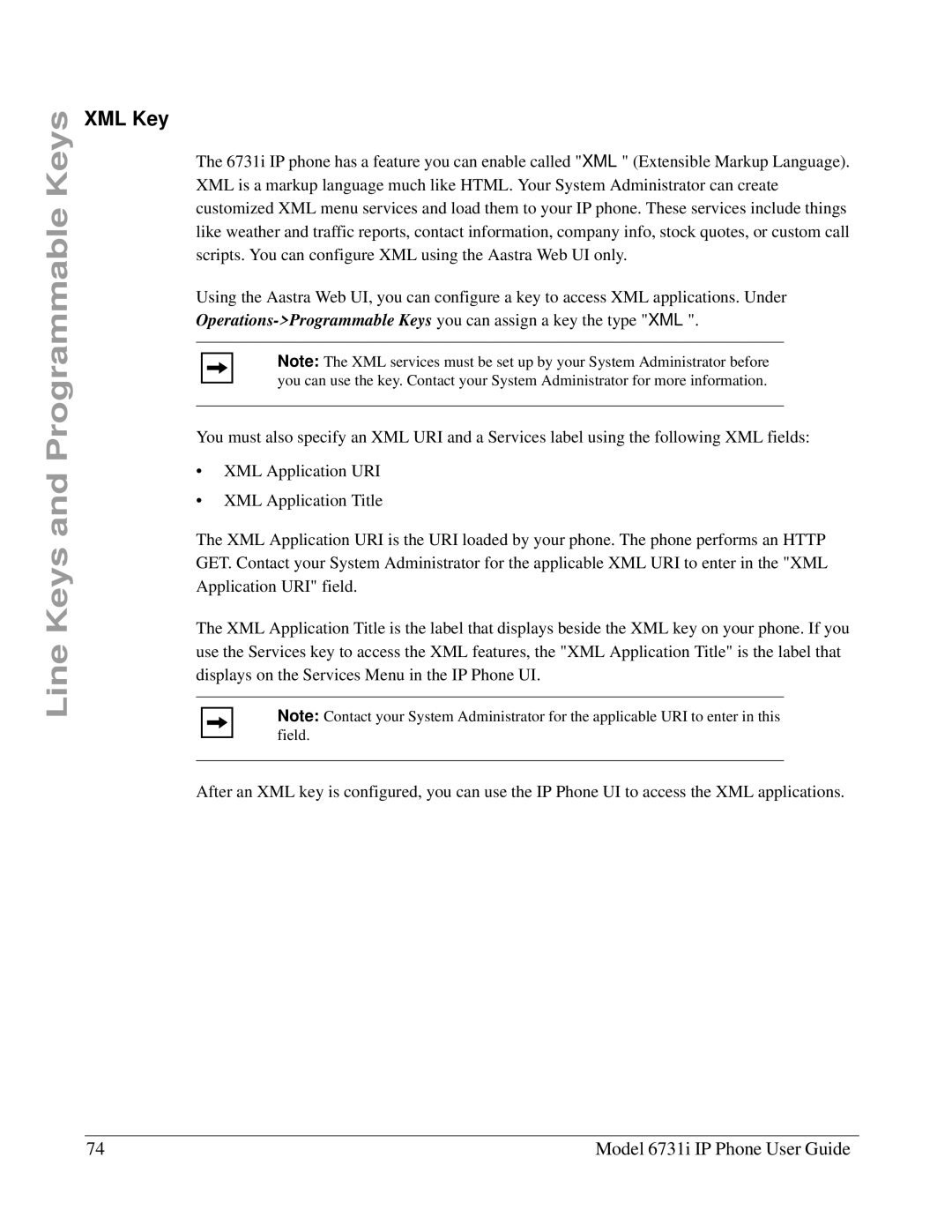 Aastra Telecom 6731I manual XML Key 