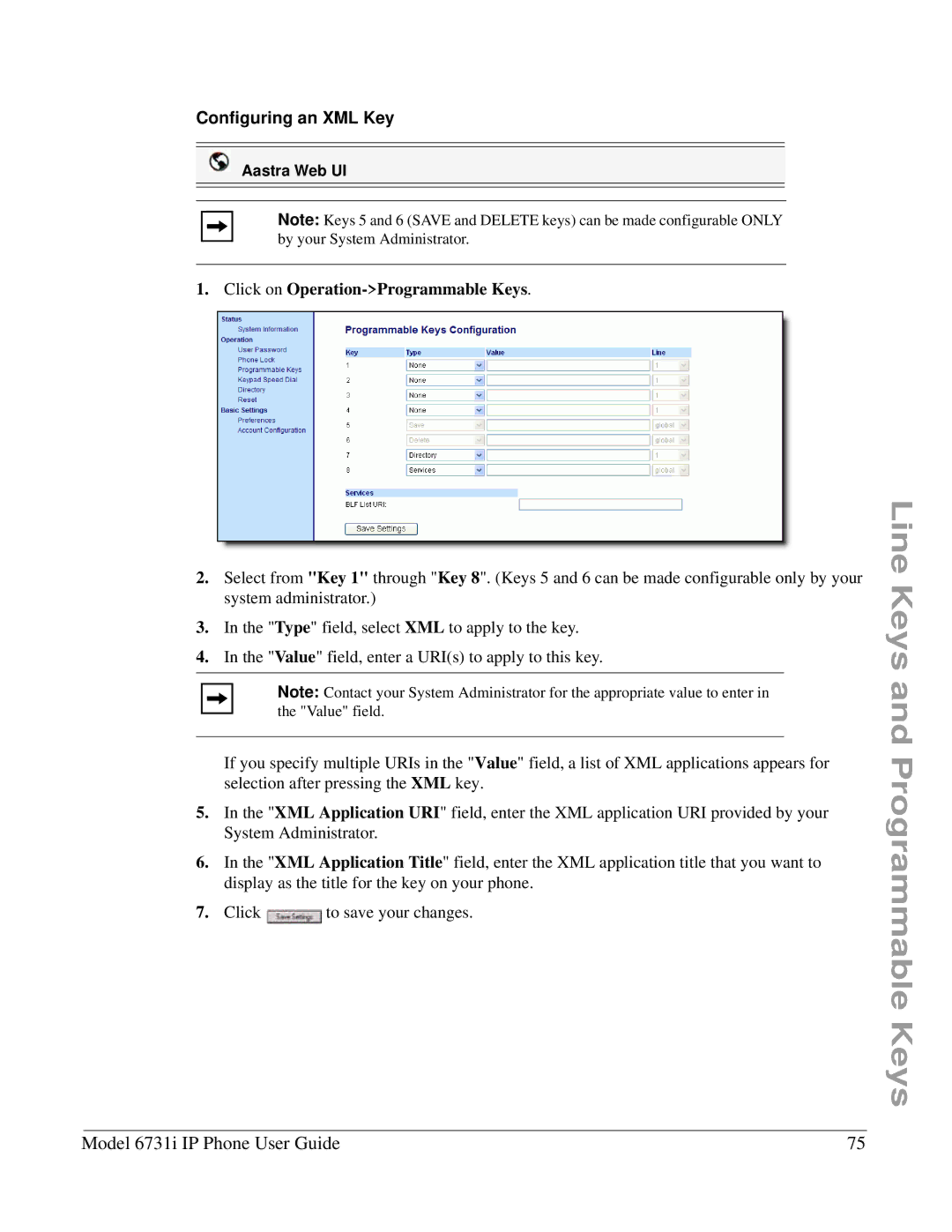 Aastra Telecom 6731I manual Configuring an XML Key, Click on Operation-Programmable Keys 