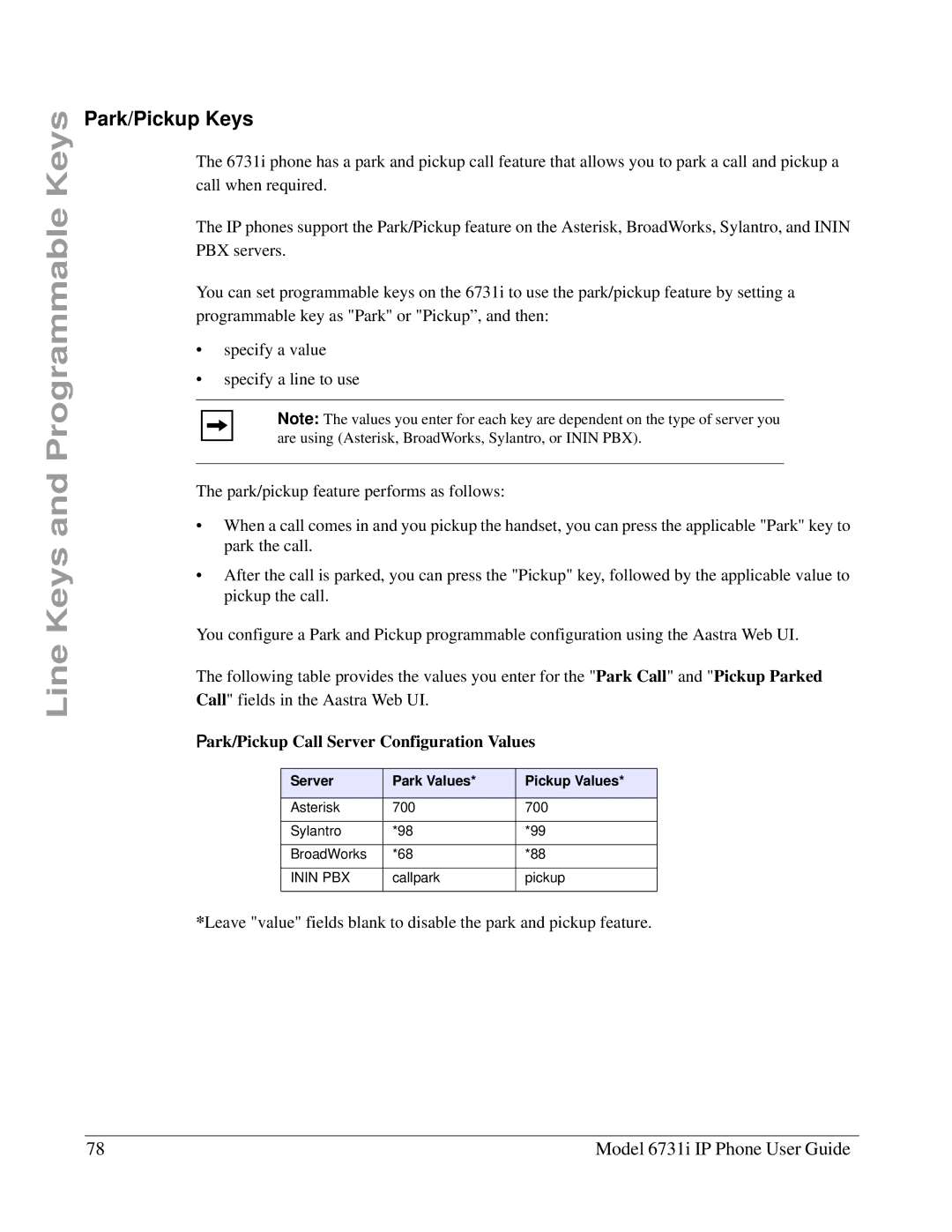 Aastra Telecom 6731I Park/Pickup Keys, Park/Pickup Call Server Configuration Values, Server Park Values Pickup Values 