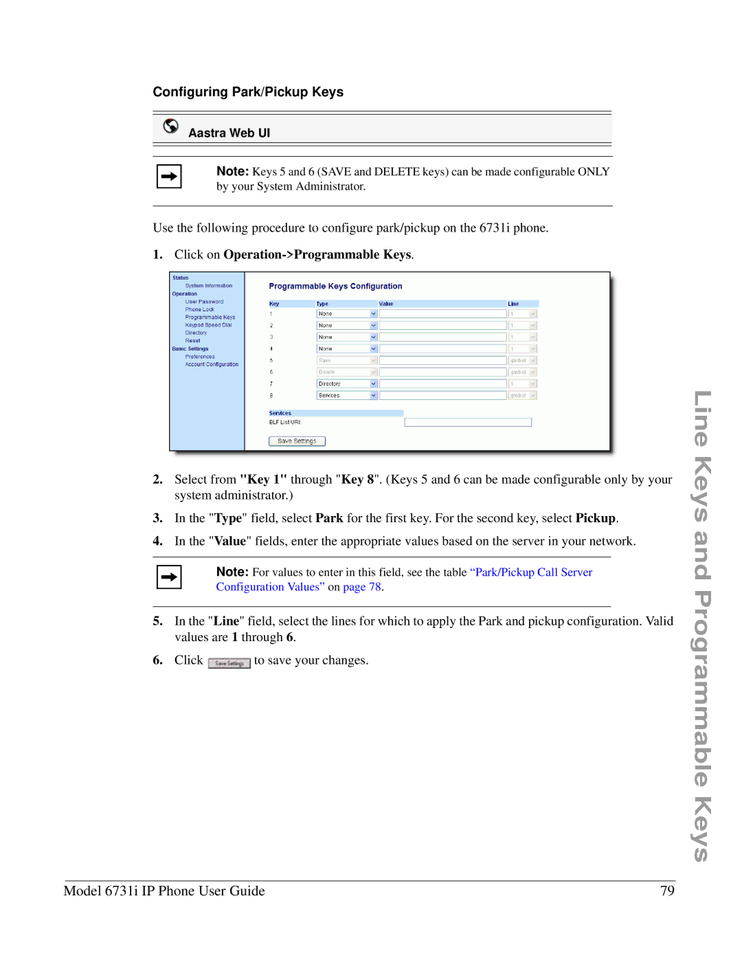 Aastra Telecom 6731I manual Configuring Park/Pickup Keys 