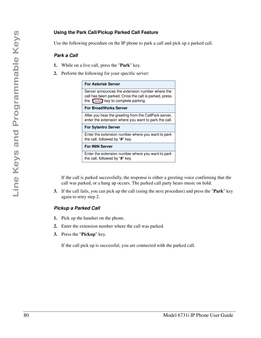 Aastra Telecom 6731I manual Using the Park Call/Pickup Parked Call Feature, Park a Call, Pickup a Parked Call 