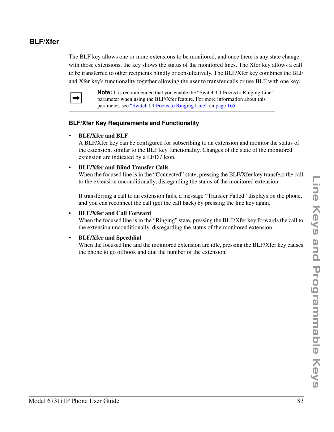 Aastra Telecom 6731I manual BLF/Xfer Key Requirements and Functionality 