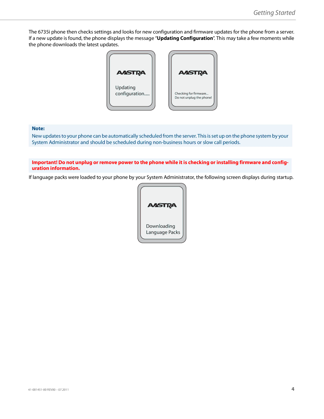 Aastra Telecom 6735I manual Checking for firmware Do not unplug the phone 