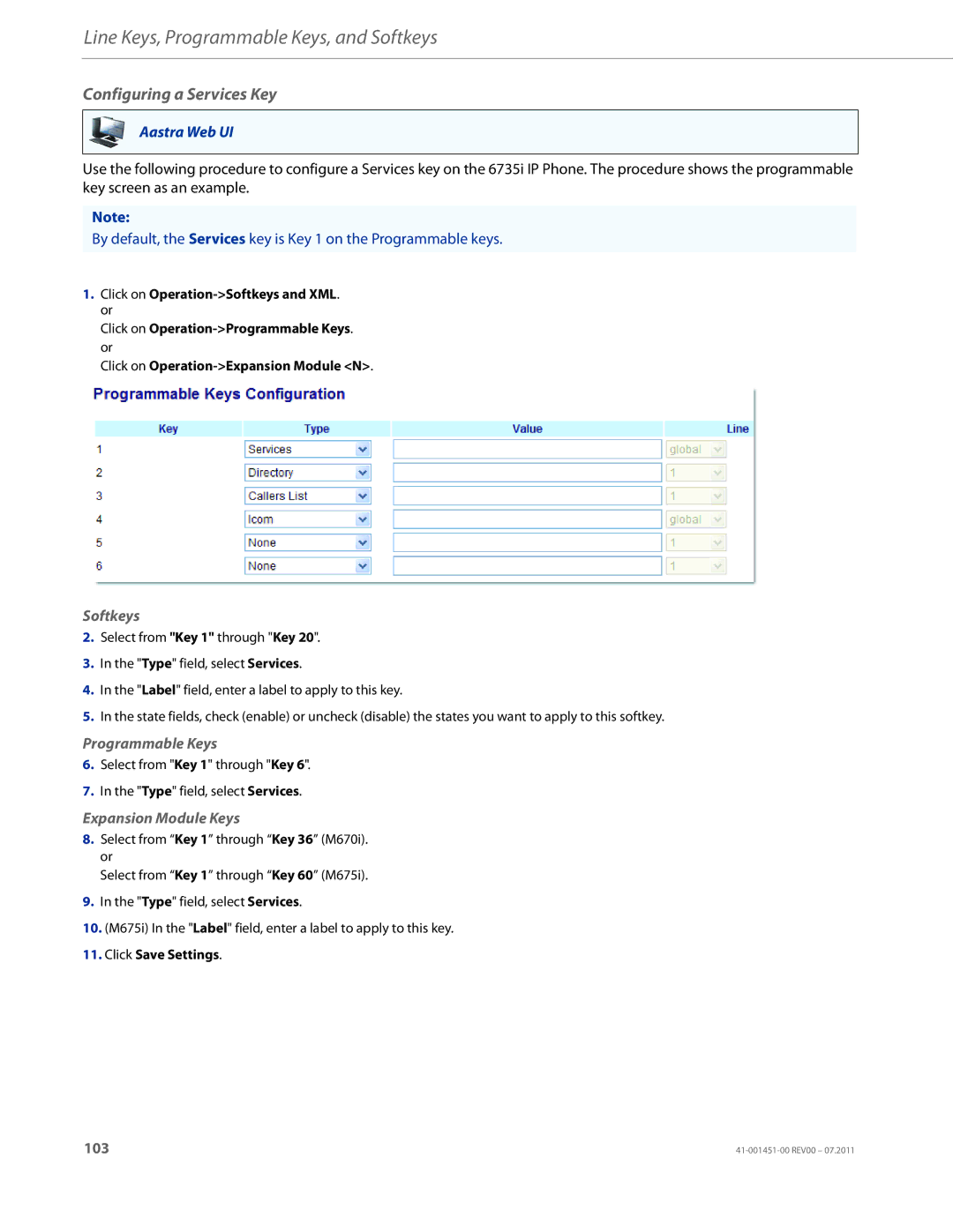 Aastra Telecom 6735I manual Configuring a Services Key, Softkeys 